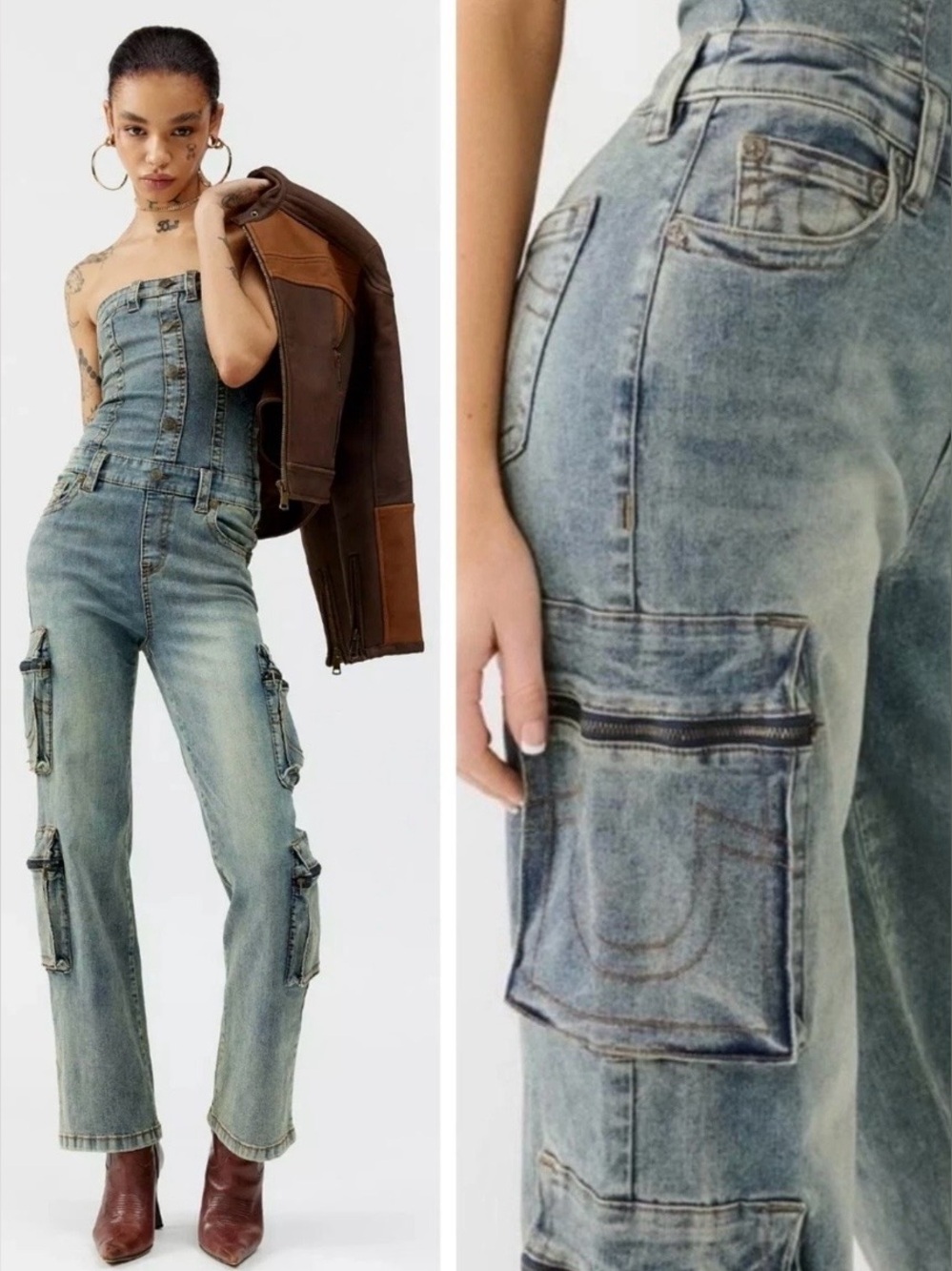 True Religion Strapless Denim Cargo Jumpsuit 29 Urban Outfitters New With Tags